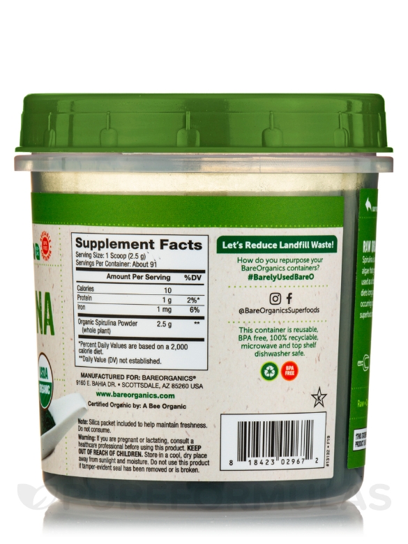 Raw Organic Spirulina Powder - 8 oz (227 Grams) - Alternate View 1