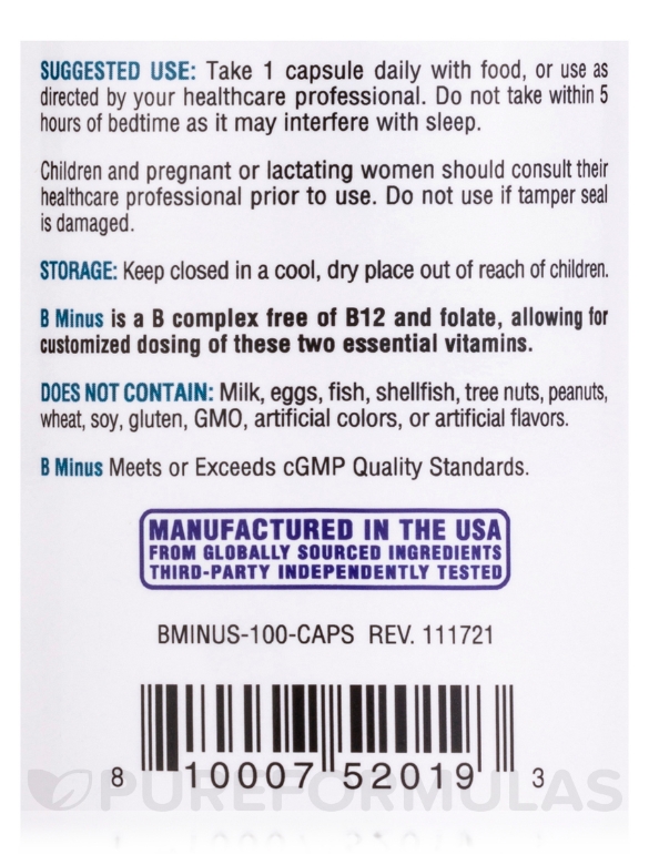 B-Minus (B12 & Folate Free) - 100 Vegetarian Capsules - Alternate View 4