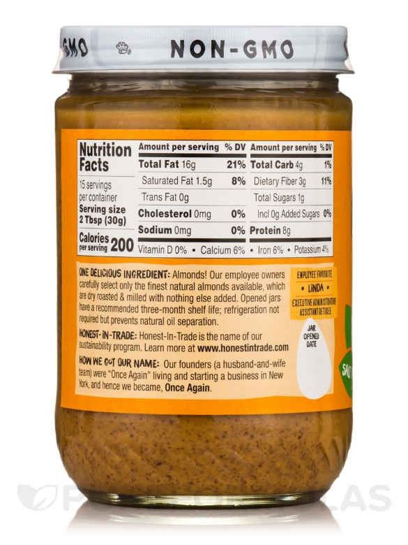 Creamy Roasted Almond Butter - Unsweetened & Salt Free - 16 oz (454 Grams) - Alternate View 3