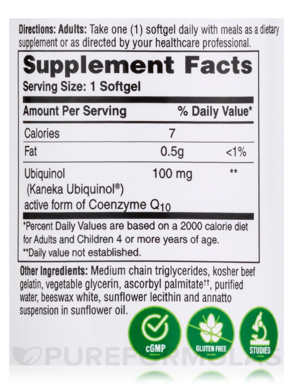 Ubiquinol (Kaneka™) CoQ-10 100 mg - 60 Softgels - Alternate View 3