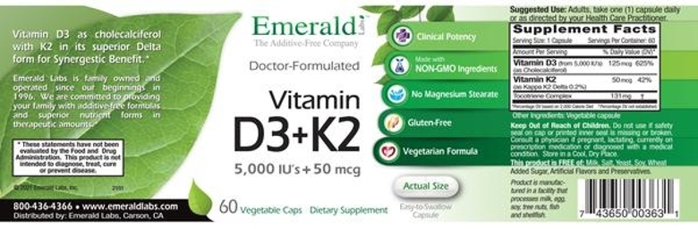 Vitamin D3 5000 IU's + K2 50 mcg - 60 Vegetable Capsules - Alternate View 4