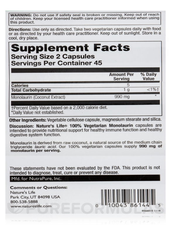 Monolaurin - 90 Vegetarian Capsules - Alternate View 4