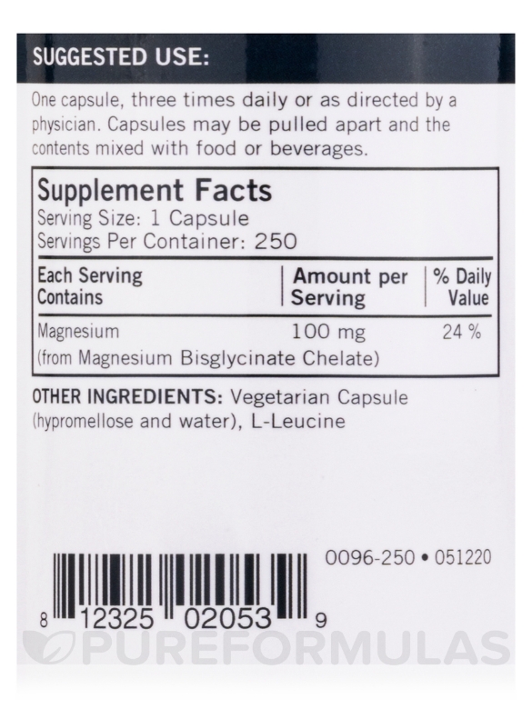 Magnesium Bisglycinate Chelate -Hypoallergenic - 250 Vegetarian Capsules - Alternate View 3