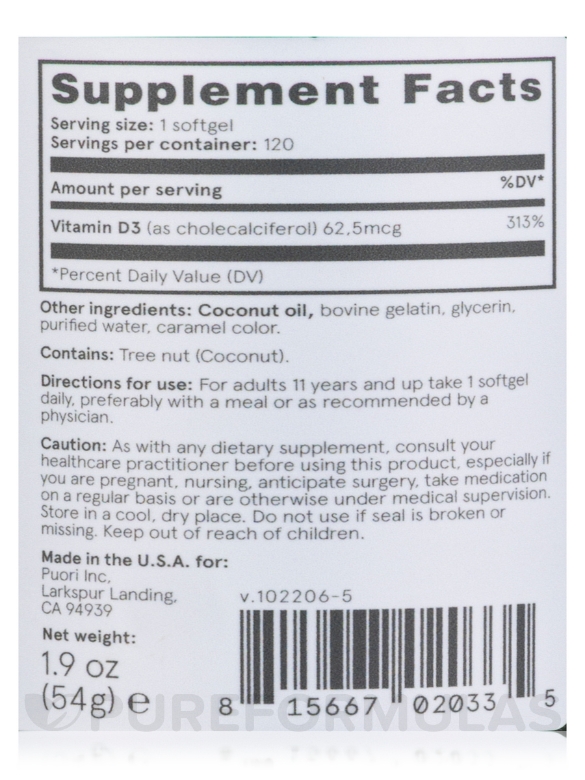 D3 - Vitamin D (2500 IU) - 120 Softgels - Alternate View 3