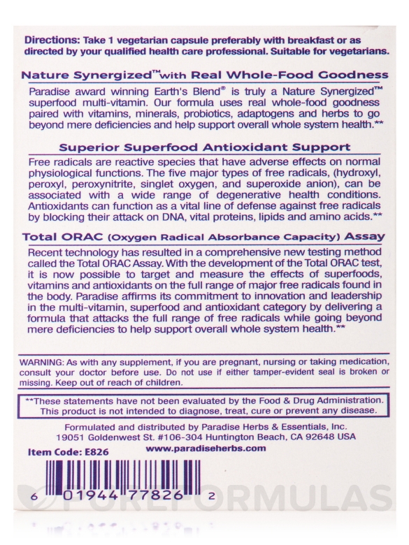 Earth's Blend® One Daily Superfood Multi-Vitamin (No Iron) - 30 Vegetarian Capsules - Alternate View 9