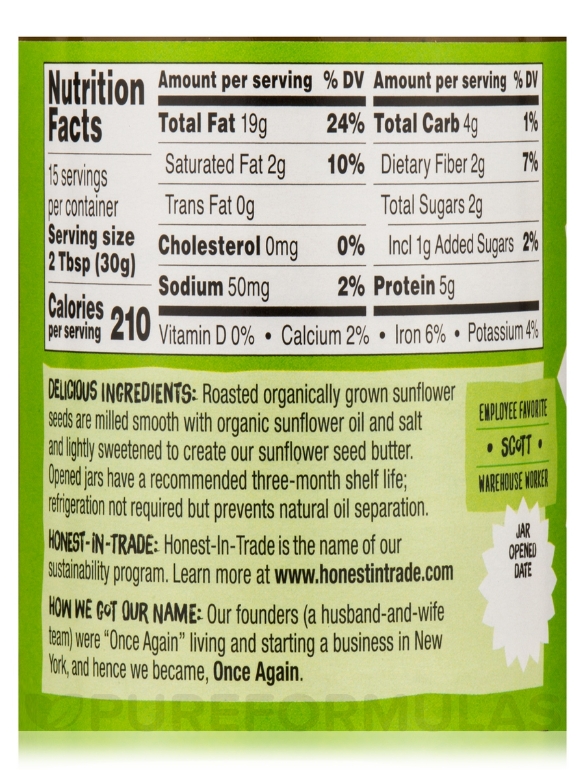 Organic Sunflower Seed Butter - Lightly Sweetened - 16 oz (454 Grams) - Alternate View 5