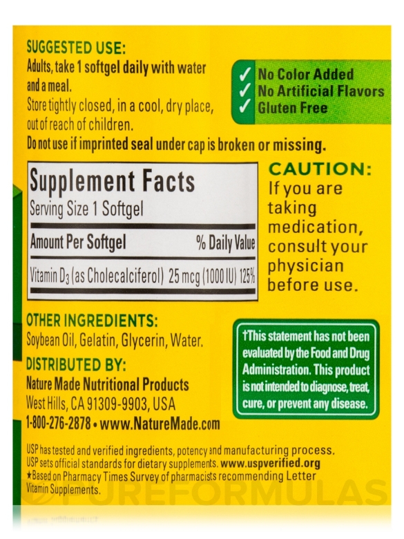 Vitamin D3 25 mcg (1000 IU) - 100 Softgels - Alternate View 4