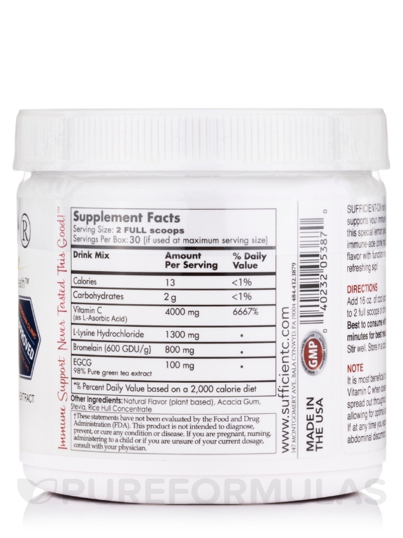 Sufficient-C® High Dose Vitamin C Lemon Peach Immune-Ade Drink Mix - 250 Grams - Alternate View 1