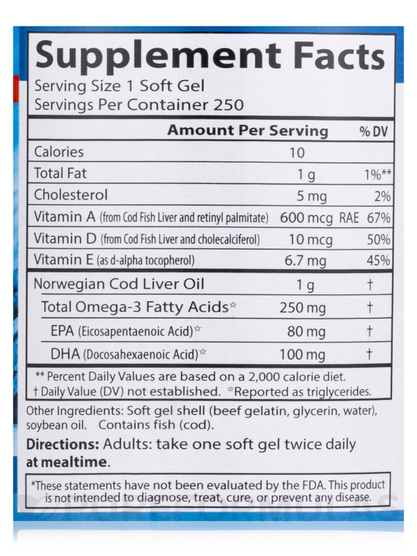 Cod Liver Oil Gems™ Super 1000 mg - 250 Soft Gels - Alternate View 3