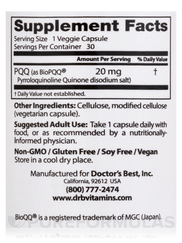 PQQ with BioPQQ™ 20 mg - 30 Veggie Capsules - Alternate View 3