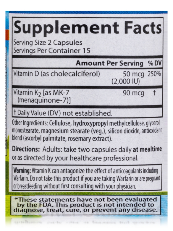 Vitamin D3 + K2 (50 mcg & 90 mcg) - 30 Capsules - Alternate View 3