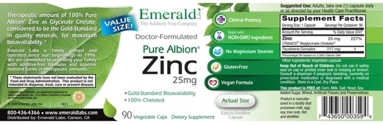 Pure Albion® Zinc 25 mg - 90 Vegetable Capsules - Alternate View 3