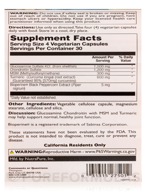 Glucosamine & Chondroitin with MSM & Turmeric - 120 Vegetarian Capsules - Alternate View 4