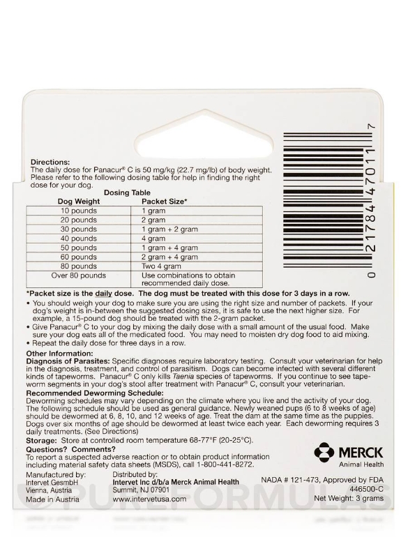 Panacur® C (fenbendazole) Canine Dewormer (Treats 10 lbs) - Box of 3 Packets (1 Gram each) - Alternate View 2