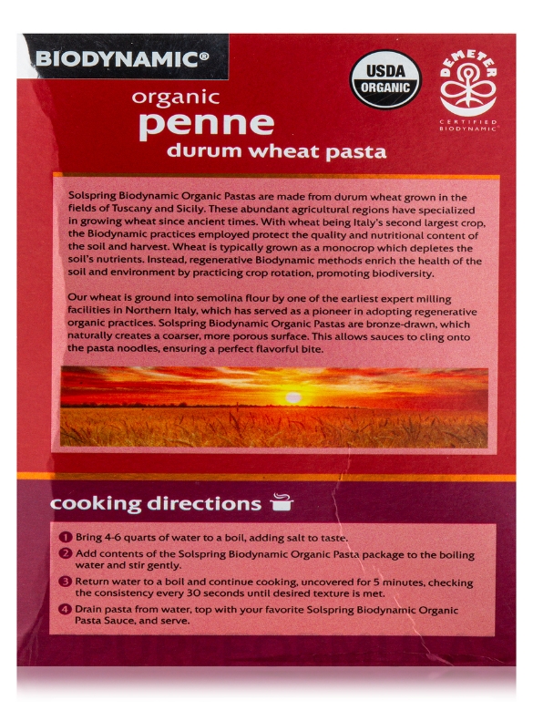 Solspring® Biodynamic® Organic Penne Durum Wheat Pasta - 16 oz (454 Grams) - Alternate View 6