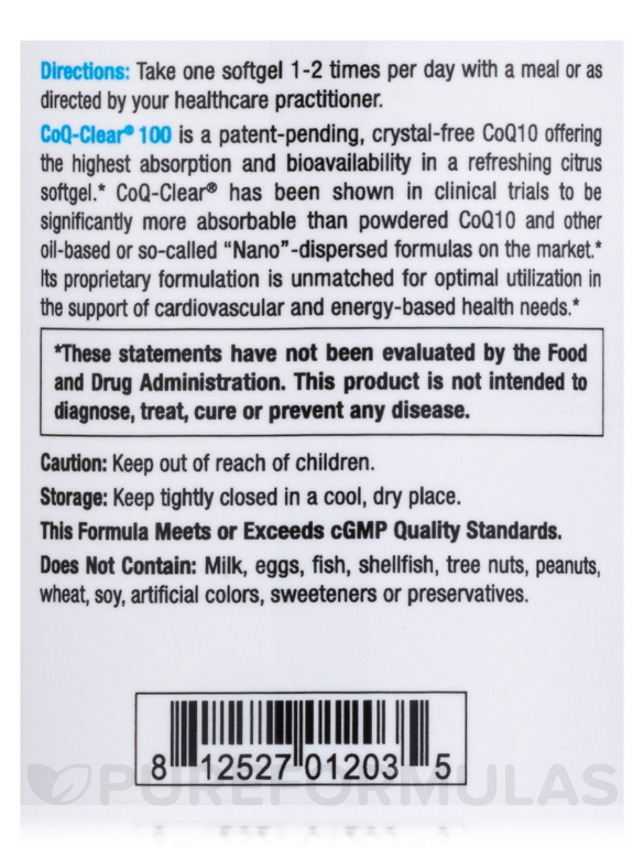 CoQ-Clear® 100 Ubiquinone - 120 Softgels - Alternate View 4