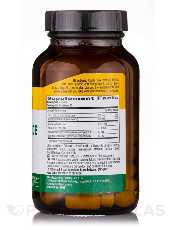 Betaine Hydrochloride with Pepsin - 100 Tablets - Alternate View 1